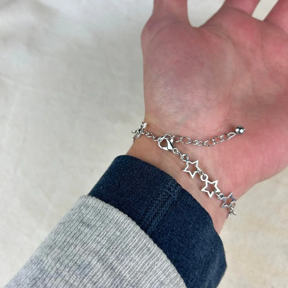Vintage style stainless steel silver star chain bracelet cyber grunge punk
